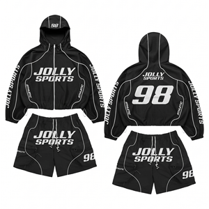 Mens 120 GSM Polyester Windbreaker Short Set Black Contrast Panel Custom Logo Sportswear Windbreaker Shorts for Men - Product Image 1