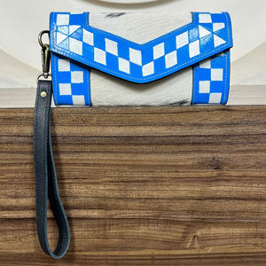 Nouveau portefeuille-pochette à main en cuir de vachette véritable à carreaux bleus et blancs pour femme, porte-cartes, portefeuille long - Product Image 5