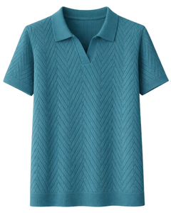 เสื้อโปโลถักเนื้อผ้าเท็กซ์เจอร์สีเขียวอมฟ้าสำหรับผู้ชาย แขนสั้น สไตล์ลำลองสำหรับฤดูร้อน ทรงเข้ารูป ผลิตตามสั่ง รับทำโลโก้ ขายส่งจากโรงงาน - Product Image 1