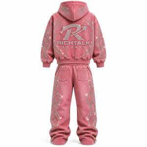 Unisex <b>Pink</b> Hooded Acid Wash <b>Tracksuit</b> <b>Set</b> Full Sleeve Rhinestone Logo Streetwear Drawstring Pants Regular Fit Winter Wear - Product Image 2