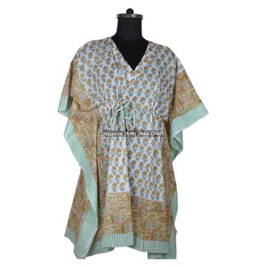 100% Cotton Women Sleepwear Hand Block Printed Kaftan Dress KFCS165 Light Weight Women Casual Occasion Wear Short Caftan Dress - Product Image 3