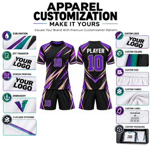 Tenue de football personnalisée noire et violette à imprimé géométrique, sublimée, anti-humidité, manches courtes, coupe athlétique unisexe adulte - Product Image 3