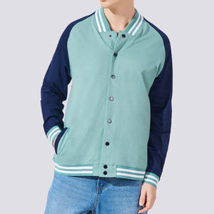 Men's Mint Blue Varsity Jacket With Navy Contrast Sleeves Button Closure Ribbed Cuffs And Collar Casual Autumn Wear - Product Image 3