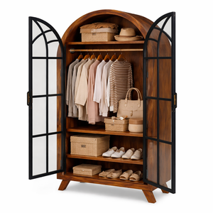 Armario de Madera de 2 Puertas con Acabado Brillante |   Armario Blanco Minimalista con Detalles Geométricos Dorados |   Organizador de Armario de Lujo para Dormitorio - Product Image 5