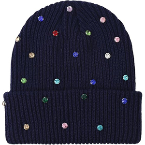 Black Crystal Studded <b>Beanie</b> Hat Rib Knit Winter Warm Cap Unisex Soft Stretch Custom Logo Skull Cap Hat - Product Image 2