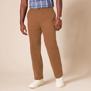 Pantalones de Algodón para Hombre, Corte Recto, Color Marrón, Cintura Media, Casuales, Antiarrugas, Frente Plano, Estilo Otoñal - Product Image 3