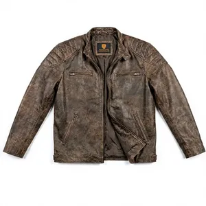 Blouson moto en cuir véritable marron pour homme, avec blocs de couleur rouge et blanc, fermeture éclair, col rabattable, respirant, style vintage automne - Product Image 1