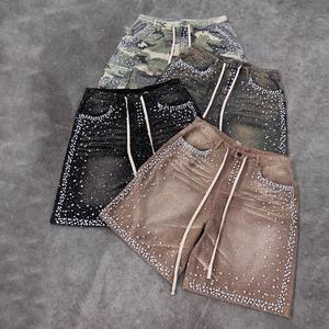 Shorts en jean pour homme, taille mi-haute, respirants, style streetwear, délavage vintage personnalisé, avec strass, pour l'été, par un fabricant de denim - Product Image 6