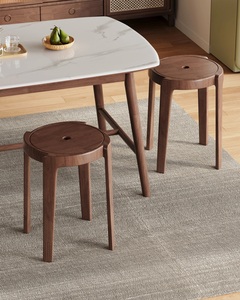 Tabouret rond moderne en bois massif, chaise ottoman en bois, siège de 32 cm, dossier de 45 cm, assise sans dossier pour salle à manger - Product Image 6