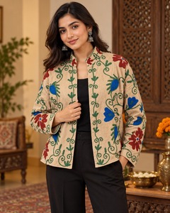 Suzani Beige <b>Velvet</b> Embroidered <b>Jacket</b> for <b>Women</b> Elegant Ethnic Open Front Floral Embroidery Luxury Winter Fashion Outerwear - Product Image 2
