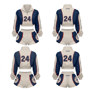 Women Crop <b>Top</b> Windbreaker Short Set Premium 100% Polyester 120 GSM Cream <b>Navy</b> Red Color Block Panels Custom Logo Streetwear Fit - Product Image 1