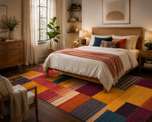 Tapis géométrique multicolore moderne, tissé à la main en laine, motifs abstraits, jaune moutarde, bleu, rouille, rouge, tapis sur mesure en gros - Product Image 4