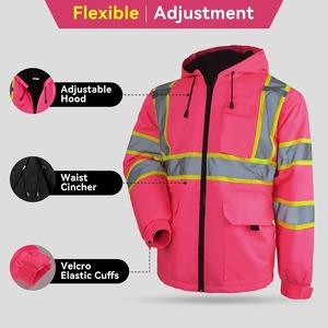 High Visibility Hooded Safety <b>Jacket</b> Men's Reflective Striped <b>Waterproof</b> Workwear with Pockets Regular Fit Autumn Style - Product Image 6