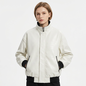 <b>Men's</b> <b>White</b> <b>Jacket</b> Stand Collar Zipper Casual Autumn Style Regular Fit Embossed Texture Solid Color - Product Image 4