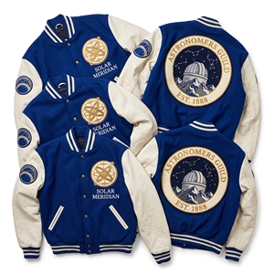 Chaqueta Bomber Varsity de Lana Azul Rey con Cuero Blanco y Bordado de Cúpula de Observatorio Esfera Solar para Vendedores de Ropa - Product Image 1