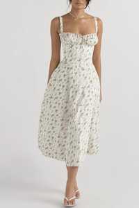 Vestido Midi Transpirable con Estampado Floral, Corte A, Sin Tirantes, Verano, Casual, Algodón Tejido, Cintura Alta, Ajustado, con Abertura en el Bajo Estilo Sirena, para Mujer - Product Image 2