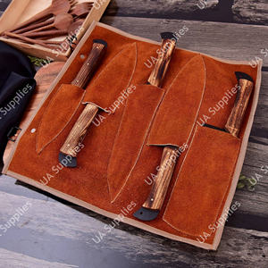 Couteaux de Chef BBQ en Acier Inoxydable à Lame Martelée Noire, Manche en Bois de Frêne, Prise en Main Solide, Durables, Lot de 5 Pièces avec Sac en Cuir Tendance - Product Image 6