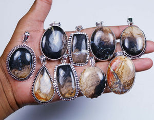 Pendentifs en Agate de Racine de Prunier Naturelle en Gros, Formes Mixtes, Sertissage Bezel Plaqué Argent, Agate Fleur Opaque, Bijoux en Cristal de Guérison - Product Image 6