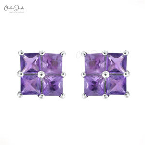 Pendientes de Amatista con Corte Cuadrado de 3mm, en Oro Blanco Fino de 14k, Estilo Minimalista, Proveedor Mayorista de la India, Fabricante Asiático - Product Image 2