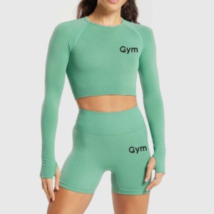 <b>Green</b> Long Sleeve <b>Gym</b> Shorts <b>Set</b> Seamless High Waisted High Support Eco-Friendly Breathable Plus Size Front Crystal Decoration - Product Image 1