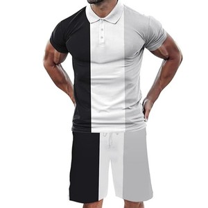 ชุดกางเกงขาสั้นสองชิ้นลายปะติดสีดำและสีเทาสำหรับผู้ชาย เสื้อโปโลแขนสั้นและชุดกางเกงขาสั้น ดีไซน์ใหม่ ชุดสตรีทแวร์ฤดูร้อน - Product Image 4