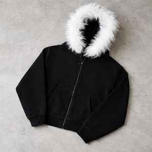 Sudadera con capucha unisex de invierno de forro polar de piel sintética, gruesa, de manga larga, con cremallera, fabricada con capucha de piel sintética. - Product Image 4