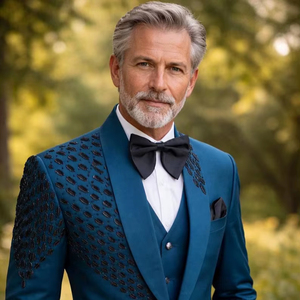 Costume de smoking brodé bleu sarcelle pour homme – Blazer de mariage et de bal orné de perles avec gilet et pantalon - Product Image 1