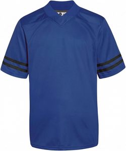 Maillot de sport unisexe pour adulte en jersey bleu à col en V et manches courtes avec rayures noires sur les manches, respirant, en polyester - Product Image 1