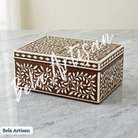 Boîte à bijoux rectangulaire en bois sculpté à la main avec incrustation d'os, motif feuilles de vigne, Bela Artisan, organisateur de rangement pour salon M 1.5