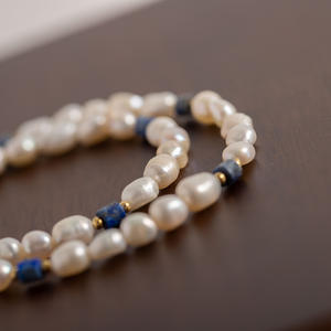 Collar de Perlas de Agua Dulce Naturales de Alta Calidad, Versátil, con Cuentas Francesas, Piedra Azul Lapislázuli, Cadena para Clavícula, para Suéteres, Alta Costura - Product Image 2