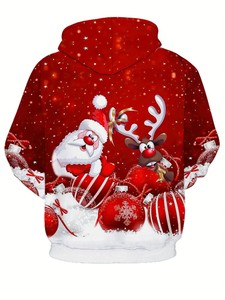 Sudadera con Capucha Navideña con Estampado de Reno y Santa Claus para Hombre, Diseño de Dibujos Animados Rojos, Informal, de Invierno, Corte Regular, Tejida, 100% Poliéster - Product Image 2