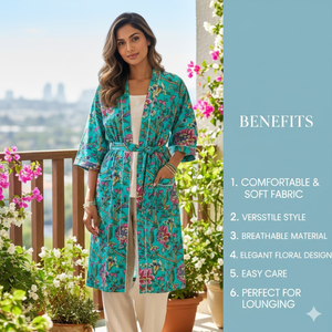 ชุดคลุมกิโมโนผ้าฝ้ายลายดอกไม้สีเทอร์ควอยซ์ ชุดนอนคอวียาวพร้อมกระเป๋ามีเชือกผูก ชุดลำลองแขนยาวสำหรับผู้หญิง ทรอปิคอลมาเรีย - Product Image 5