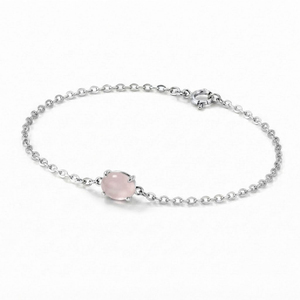 Rhaya Jewels Pulsera de eslabones de plata de ley chapada en rodio con cuarzo rosa de corte ovalado clásico solitario y engaste de puntas - Product Image 3