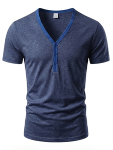 Men's V-Neck Short Sleeve Knitted Jersey T-Shirt 100% Cotton Solid Color Contrast Trim Slim Fit Casual Blue Summer 200 Grams - Product Image 3
