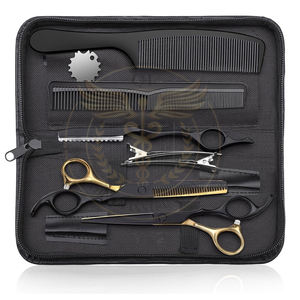 Juego Profesional de 10 Tijeras para Corte de Cabello, Tijeras de Entresacar de 6.5 Pulgadas, Tijeras Rectas para Hombres, Mujeres y Salón, 30 Dientes, Negro y Dorado - Product Image 1