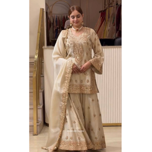 Ensemble Salwar Kameez en soie beige, brodé de sequins, style indien pakistanais, pour mariage et fête, vente en gros, vêtements ethniques pour femmes - Product Image 5
