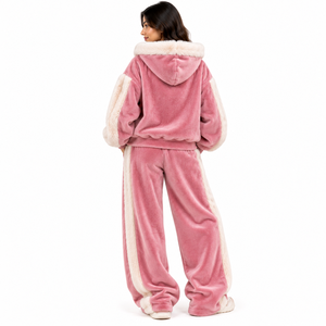 Plush Faux <b>Fur</b> <b>Trim</b> Women's Tracksuit Set Hooded Zip Jacket Wide Leg Pants Winter Loungewear OEM Custom Wholesale Manufacturer - Product Image 2