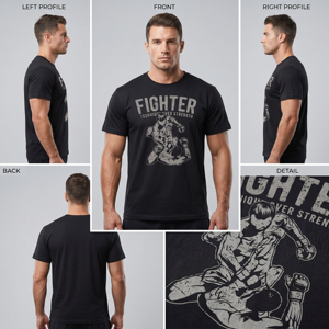 T-shirt noir à manches courtes pour homme Fighter Technique Over Strength, imprimé, col rond, coupe classique, style décontracté - Product Image 5