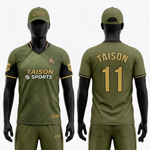 เสื้อคริกเก็ตชาย 190 GSM ผ้าโพลีเอสเตอร์ดูดซับความชื้น สีเขียวมะกอก แขนเสื้อสีทองตัดกัน โลโก้แบบรีดร้อน - Product Image 1