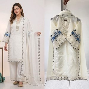 White Embroidered <b>Indian</b> Pakistani <b>Top</b> Elegant V Neck Long Sleeve Salwar Kameez Blouse for Wedding Party - Product Image 5