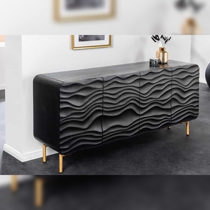Vandana Heritage Order Modern Eco-Friendly Sideboard WAVE 160cm Black mango Wood Solid Wood Kitchen Matt <b>Gold</b> Metal <b>Legs</b> - Product Image 1