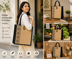 Geometric Pattern Jute Shopping <b>Bag</b> <b>Medium</b> <b>Size</b> Button Closure Hand Length Handle Groceries Use - Product Image 5