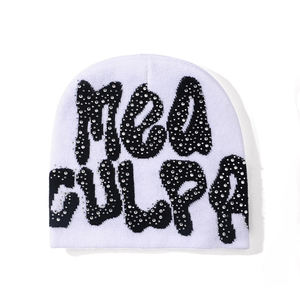 Factory Sale Wholesale <b>Skull</b> Knit Winter Hat Warm Shiny Custom Logo Soft Jacquard Rhinestone <b>Beanie</b> - Product Image 2