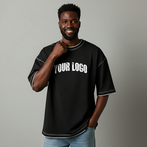 T-shirt noir surdimensionné pour homme avec bordure contrastante blanche et imprimé lettres sur le devant, décontracté, manches courtes, col rond, en jersey de coton - Product Image 6