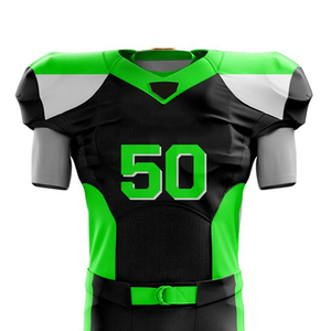Achetez nos vêtements d'équipe noirs et vert lime fluo, comprenant un ensemble d'uniformes de football américain personnalisés et des uniformes de football d'équipe sur mesure. - Product Image 5