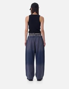 Double Waist Washed Baggy Sweatpants Loose Wide Leg <b>Plaid</b> Patchwork Casual Pants with Pockets - Product Image 3