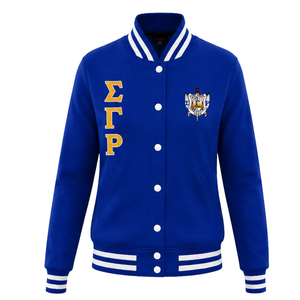 Royal Blue Varsity Letterman <b>Jacket</b> with Gold Greek Letter Embroidery <b>White</b> Striped Ribbed Trim Snap Button Collegiate Team Wear - Product Image 1