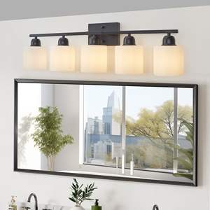 5-Light Modern Bathroom Vanity Light Fixtures Black <b>Wall</b> <b>Sconces</b> Milky White Frosted Glass Shades E26 Socket (Bulbs Not - Product Image 2