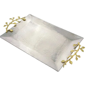 Modern Stainless Steel Decorative Serving Tray With Unique Gold Orchid Floral Handles Rectangular Hammered Metal <b>Coffee</b> <b>Table</b> - Product Image 3