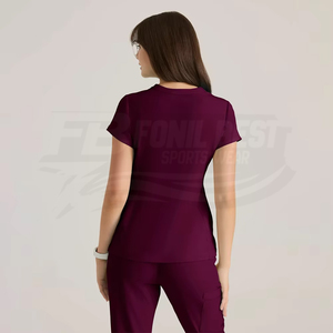 Women V Neck Scrub <b>Top</b> <b>Maroon</b> Polyester Knitted Hospital Uniform Blouse With Pockets For Medical Staff - Product Image 3